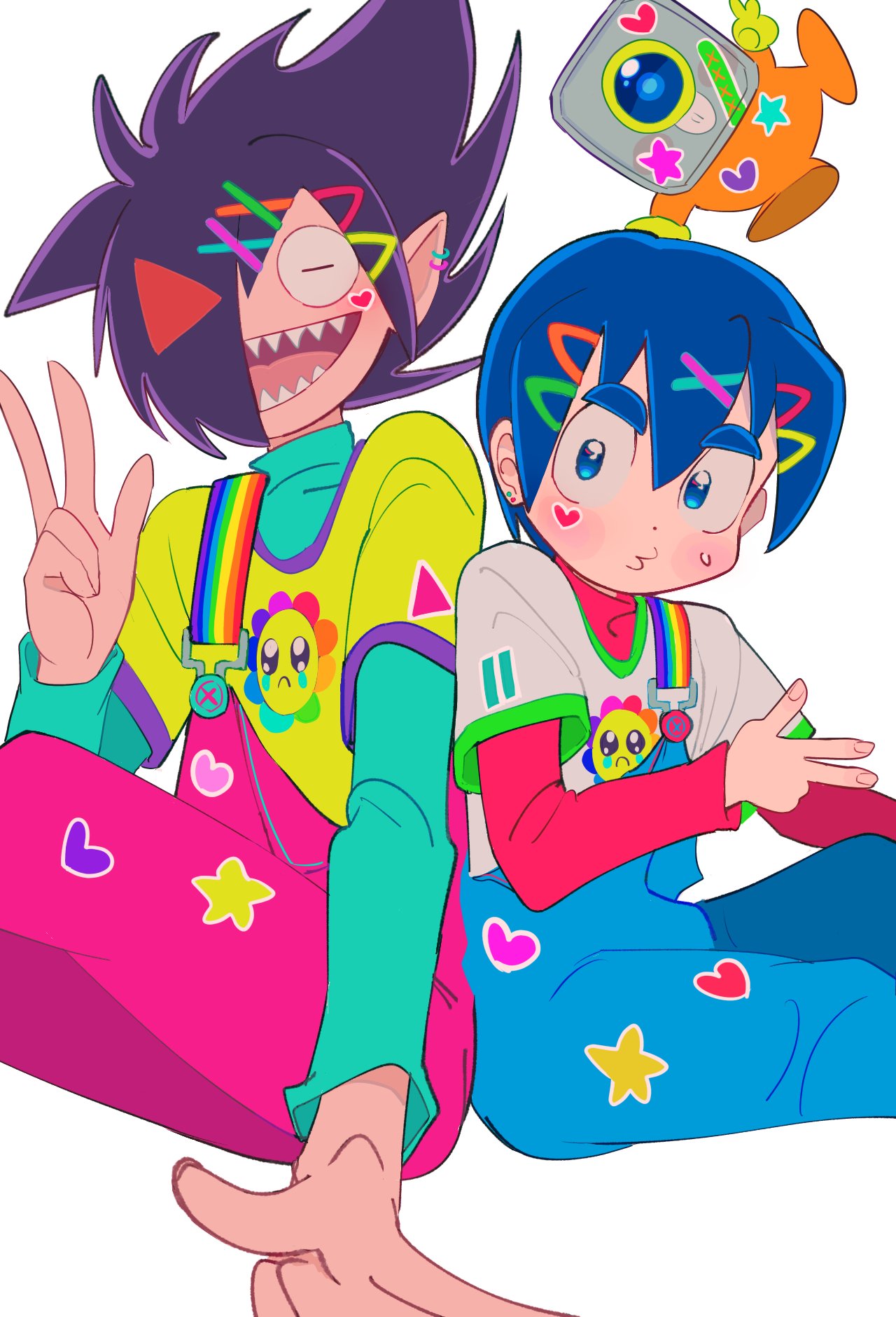 2boys, aqua_shirt, black_(black_channel), black_channel, black_hair, blue_eyes, blue_hair, blue_overalls, blush, character_request, closed_eyes, commentary, earrings, hair_ornament, hair_over_one_eye, hairclip, heart, highres, jewelry, layered_sleeves, long_sleeves, looking_at_another, male_focus, multiple_boys, open_mouth, overalls, pink_overalls, pointy_ears, print_shirt, shirt, short_hair, short_over_long_sleeves, short_sleeves, simple_background, sitting, smile, star_(symbol), symbol-only_commentary, tibimiko37, white_background, white_shirt, x_hair_ornament, yellow_shirt