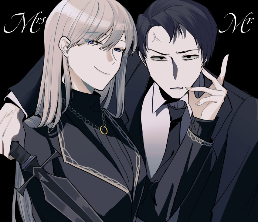 1boy, 1girl, angelica_(library_of_ruina), anger_vein, arm_around_shoulder, black_background, black_eyes, black_hair