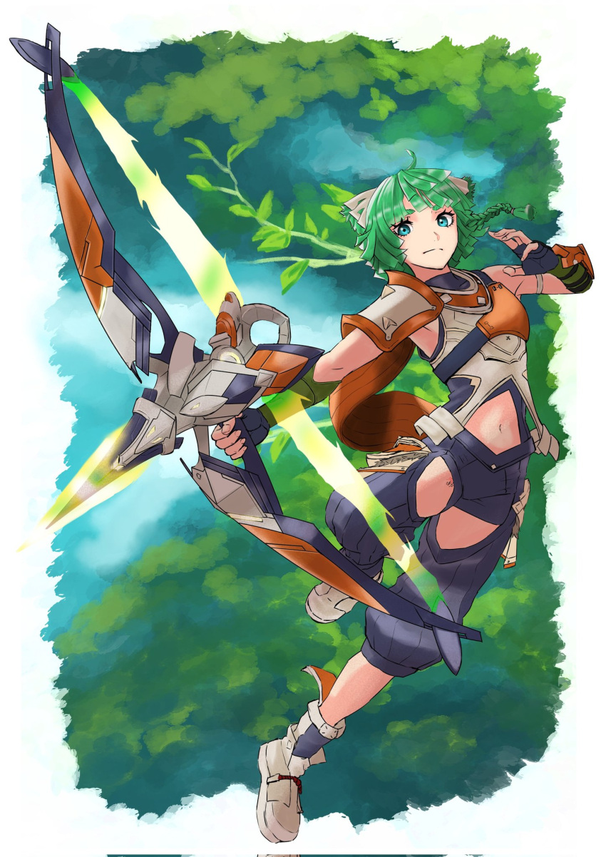 1other, animal_ears, armor, blue_eyes, boots, border, bow_(weapon), braid