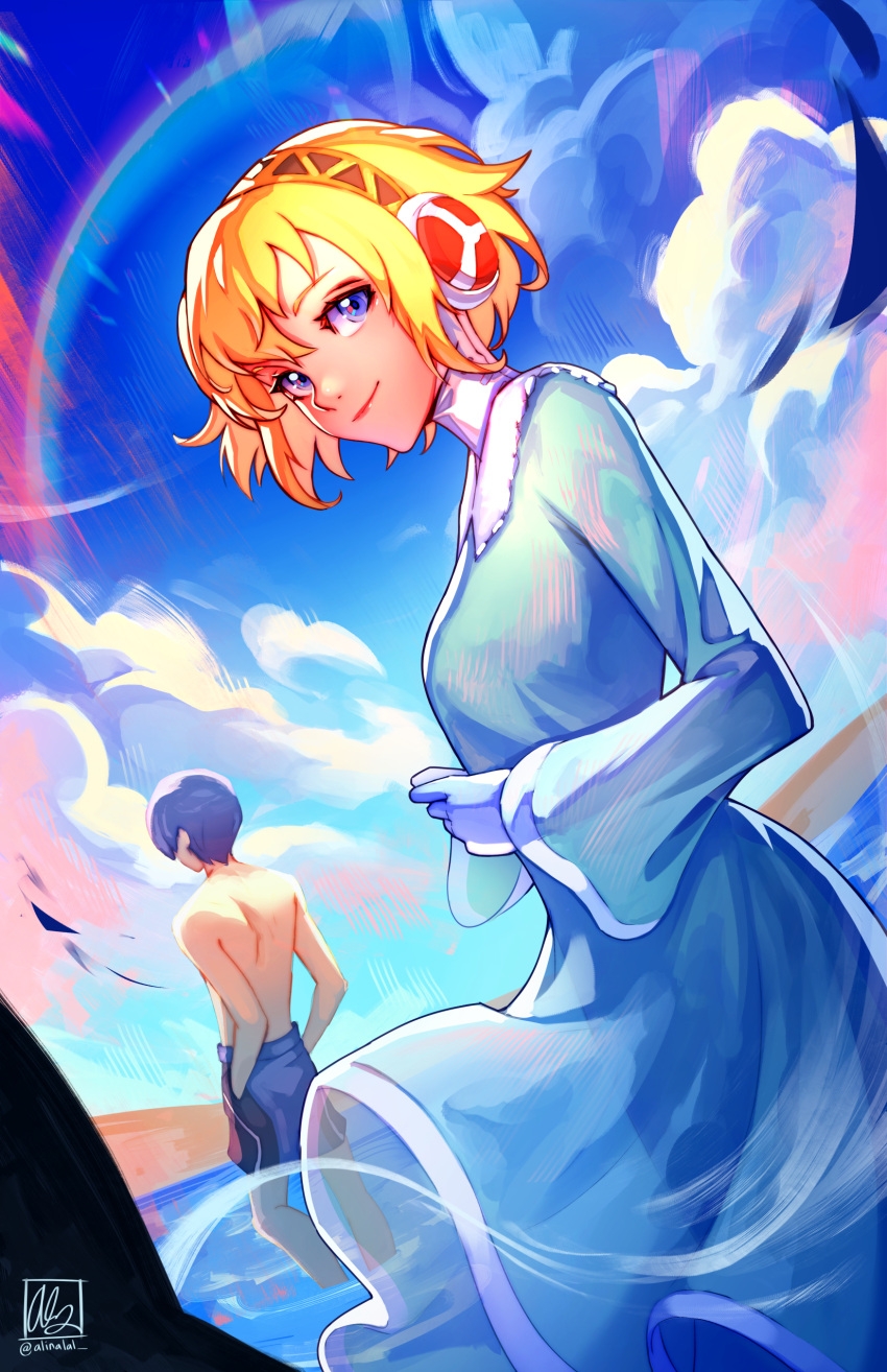 absurdres, aegis_(persona), alina_l, android, beach, blonde_hair, blue_dress, blue_eyes