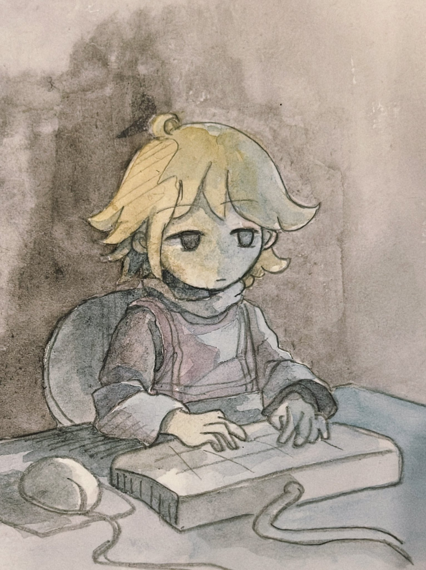 1girl, ahoge, at_computer, black_eyes, black_sweater, blonde_hair, bored, brown_background