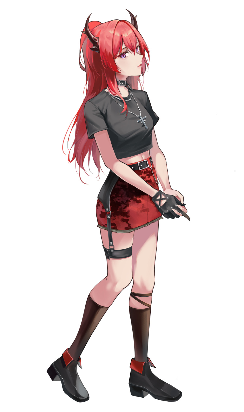 1girl, absurdres, arknights, belt, black_belt, black_choker, black_footwear, black_gloves, black_shirt, black_socks, boots, breasts, choker, cross, cross_necklace, dated_commentary, demon_horns, eyelashes, full_body, gloves, hair_between_eyes, hair_intakes, highres, horns, jewelry, kneehighs, korean_commentary, long_hair, looking_at_viewer, medium_breasts, midriff, miniskirt, navel, necklace, official_alternate_costume, own_hands_together, parted_lips, pencil_skirt, ponytail, red_skirt, redhead, shirt, short_sleeves, simple_background, single_glove, skirt, slit_pupils, socks, solo, standing, surtr_(arknights), surtr_(liberte_echec)_(arknights), t-shirt, thigh_strap, violet_eyes, white_background, winterflower