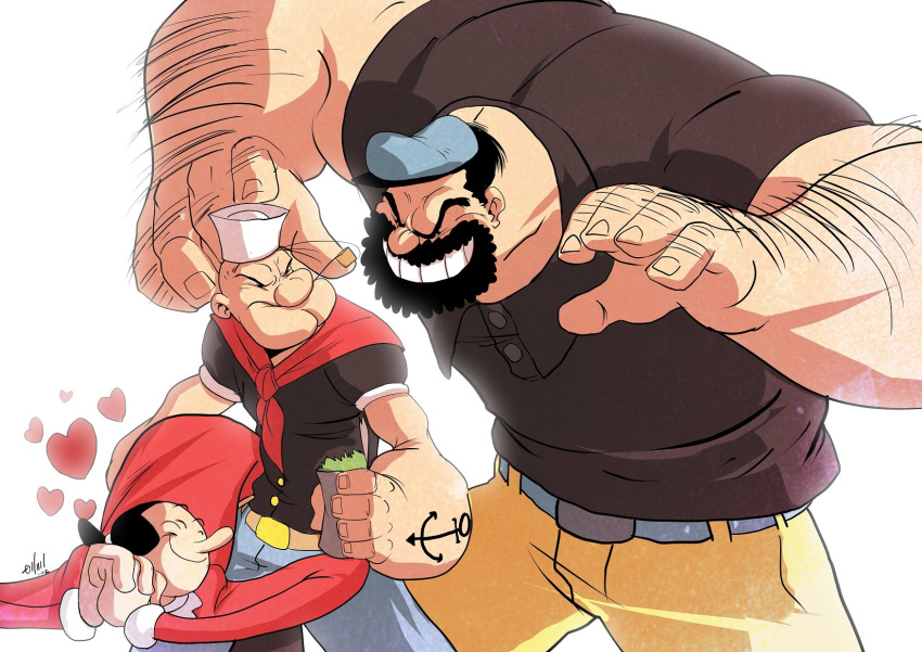 1girl, 2boys, angry, bluto, eslam_aboshady, evil_smile, hat, heart
