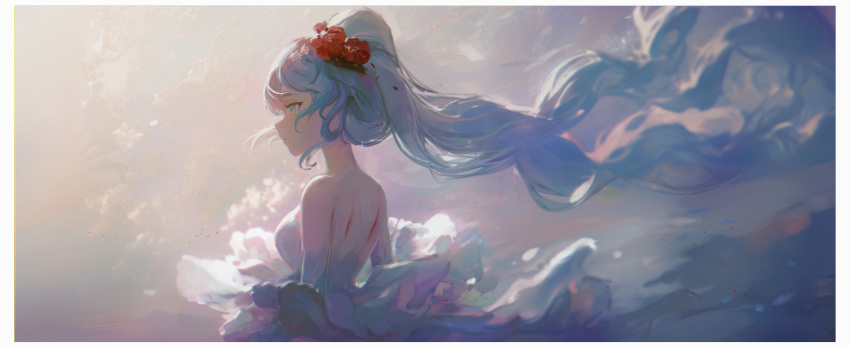 1girl, absurdres, blue_eyes, border, breasts, closed_mouth, commentary, dress