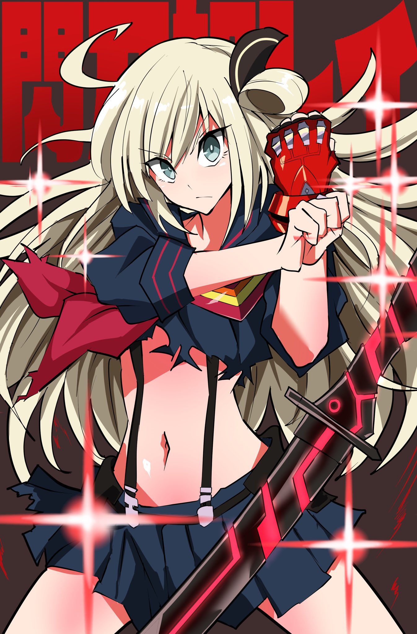 1girl, ahoge, alternate_costume, black_serafuku, blonde_hair, cosplay, cowboy_shot, duel_monster