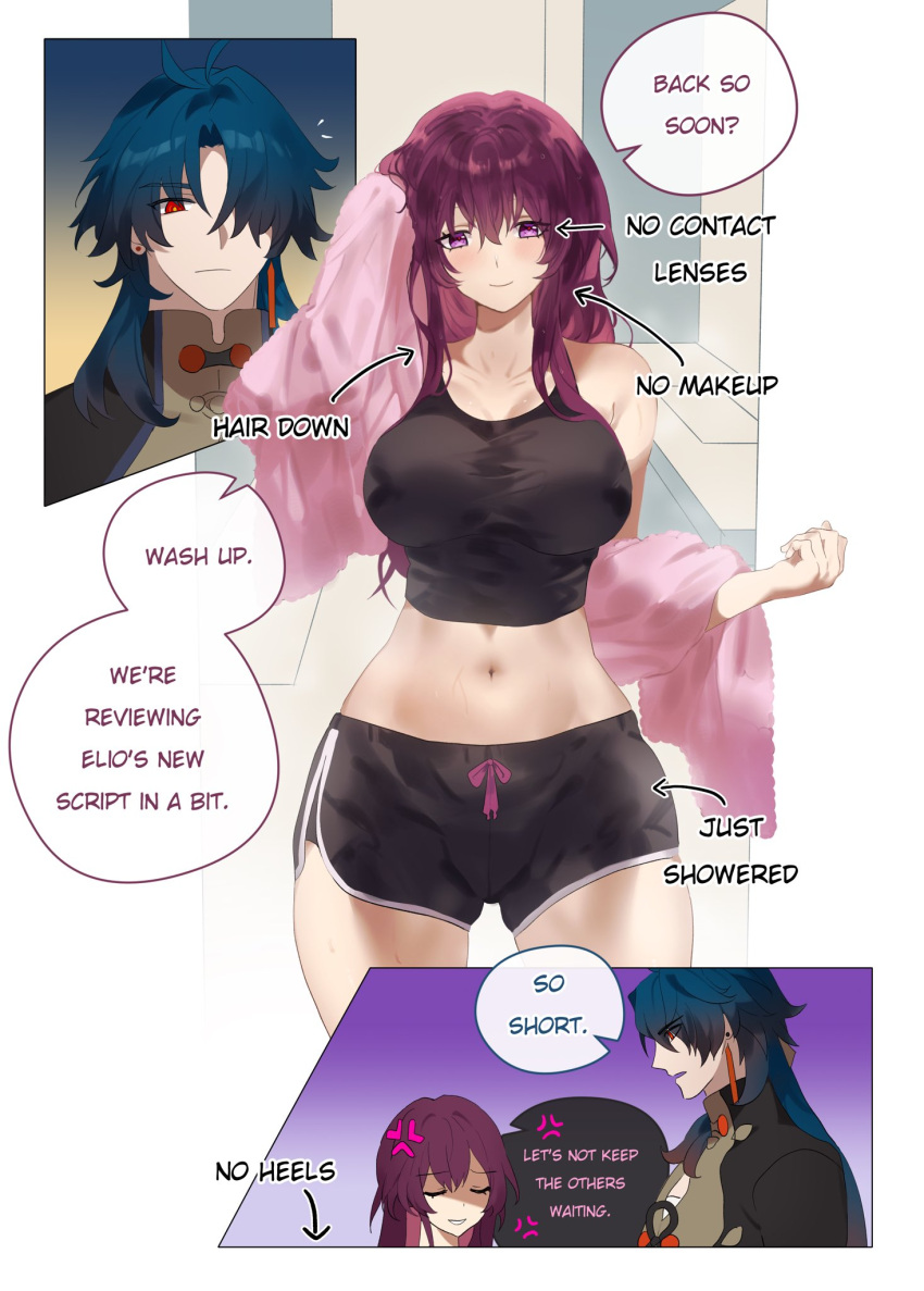 1boy, 1girl, bad_link, blade_(honkai:_star_rail), commentary, crop_top, english_commentary, english_text, highres, honkai:_star_rail, honkai_(series), kafka_(honkai:_star_rail), purple_hair, sgrimp, speech_bubble, thighs, towel, violet_eyes