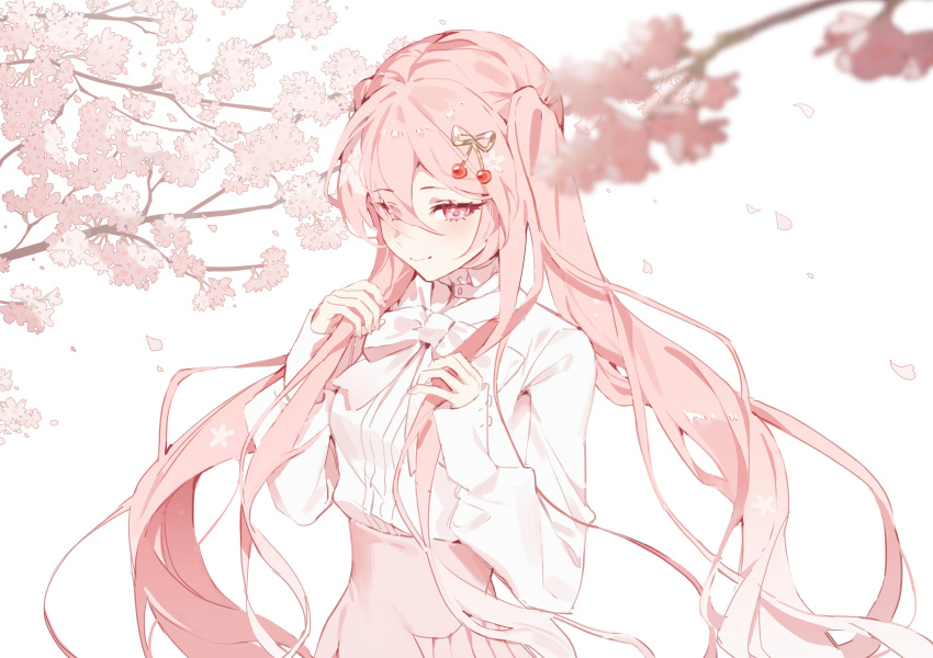1girl, absurdres, blush, cherry_blossoms, cherry_hair_ornament, closed_mouth, eyelashes, food-themed_hair_ornament