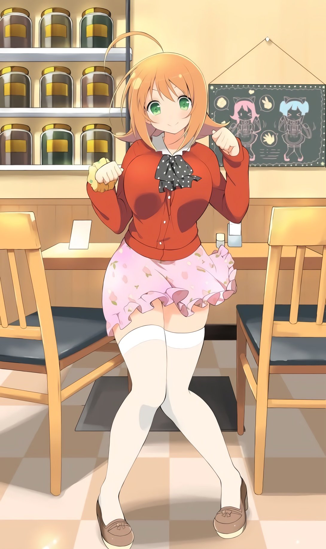 1girl, ahoge, arm_scrunchie, blush, bow, breasts, brown_footwear, chair