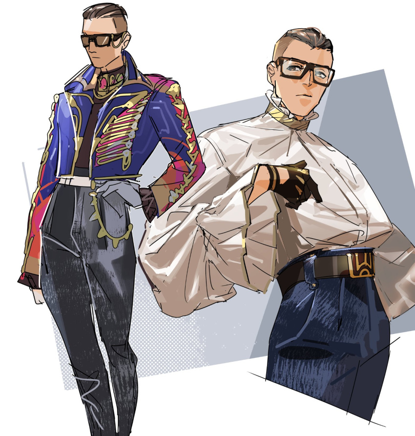 1boy, alternate_costume, animification, belt, black_belt, black_gloves, black_pants, blue_jacket