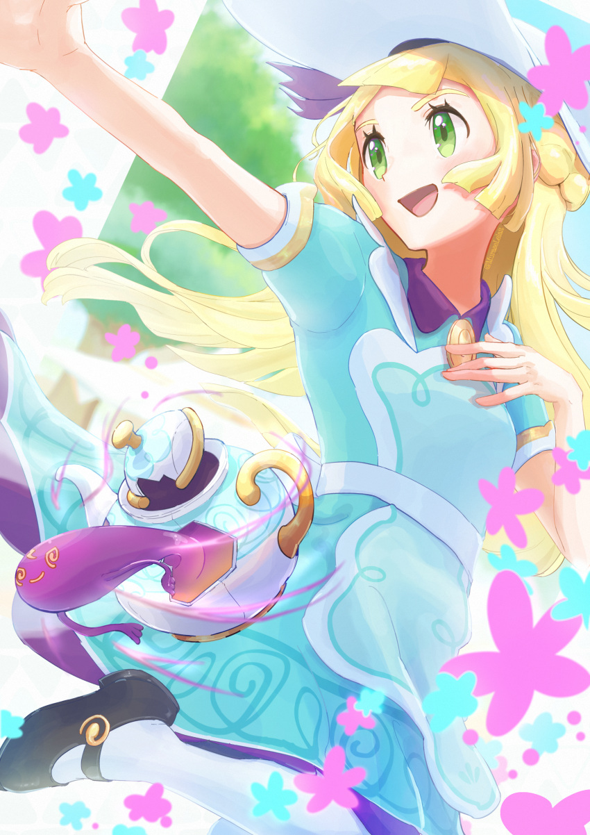 1girl, :d, absurdres, apron, black_footwear, blonde_hair, collared_dress, commentary_request
