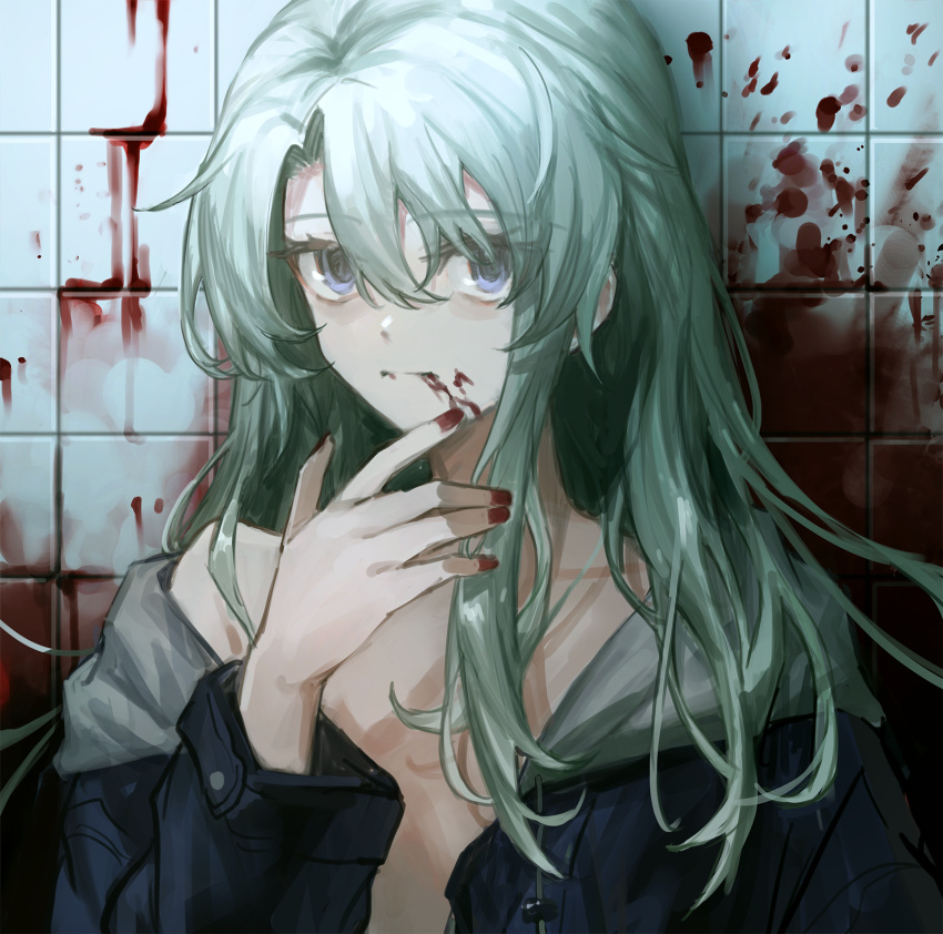 1girl, black_jacket, blood, blood_from_mouth, blood_on_face, blood_on_wall, blue_eyes, expressionless