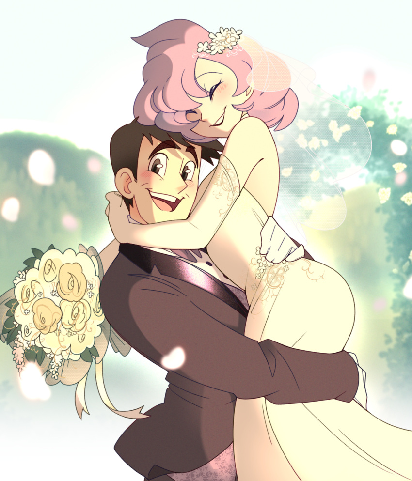 1boy, 1girl, :d, anabel_(pokemon), bare_shoulders, blush, bouquet, brown_eyes, brown_hair, buttons, carrying, closed_eyes, commentary, dress, elbow_gloves, flower, from_side, gloves, grin, hetero, highres, husband_and_wife, jacket, looker_(pokemon), looking_at_viewer, open_mouth, pink_hair, pokemon, pokemon_(game), pokemon_sm, shirt, short_hair, smile, teeth, tongue, upper_teeth_only, vergolophus, white_gloves, white_shirt, yellow_flower
