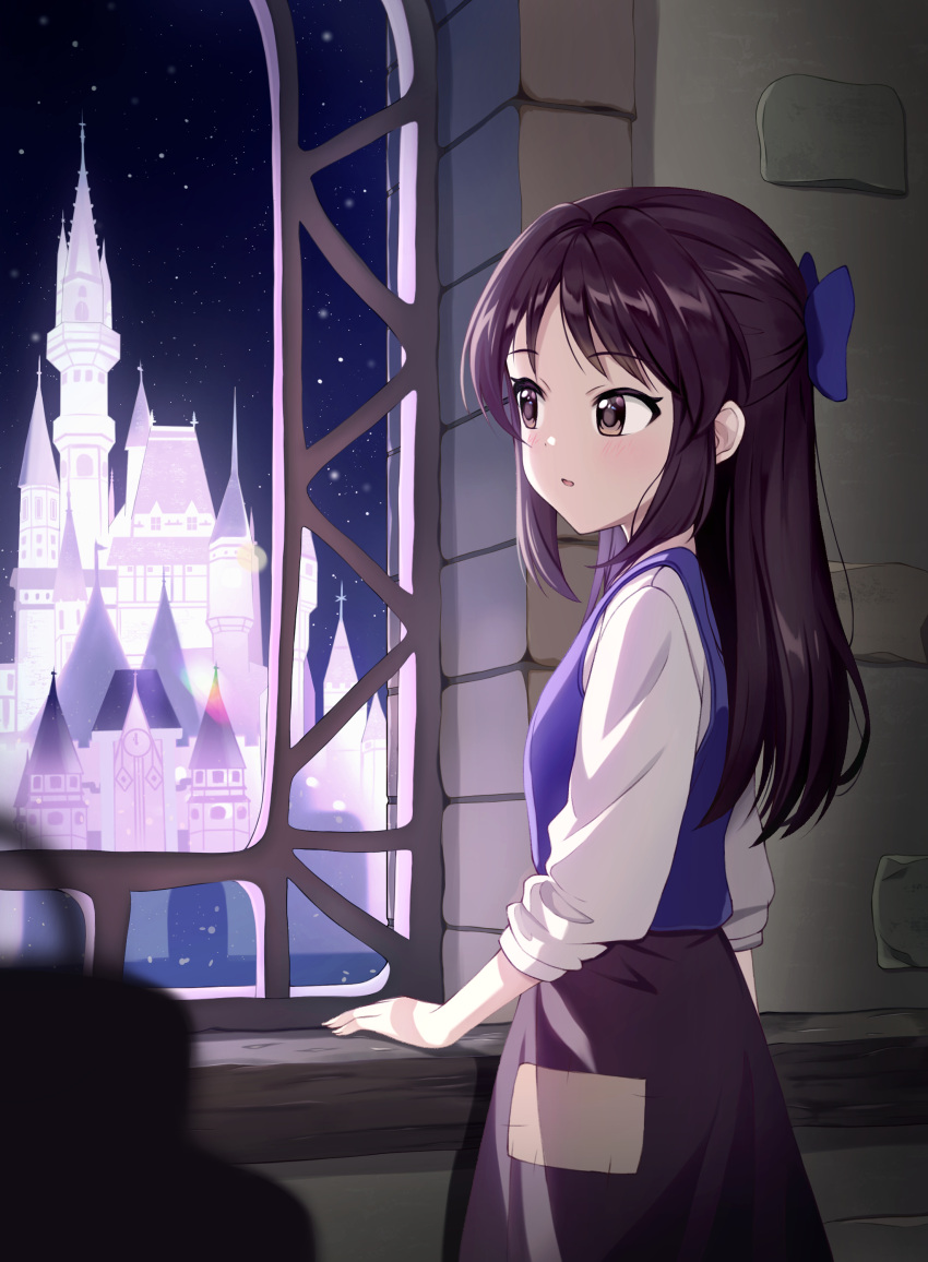1girl, absurdres, black_hair, blue_bow, blush, bow, brown_eyes, castle