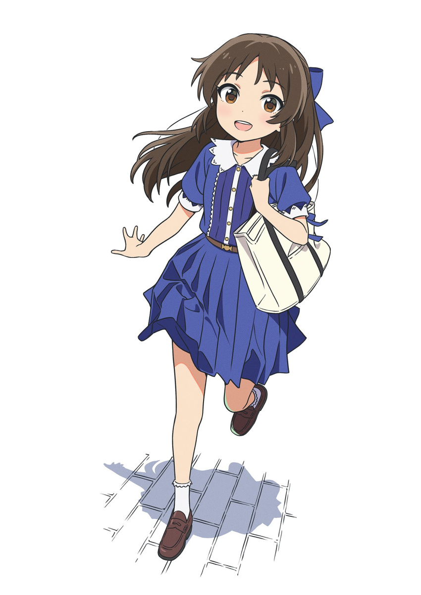1girl, bag, black_hair, blue_bow, blue_dress, bow, brown_eyes, dress