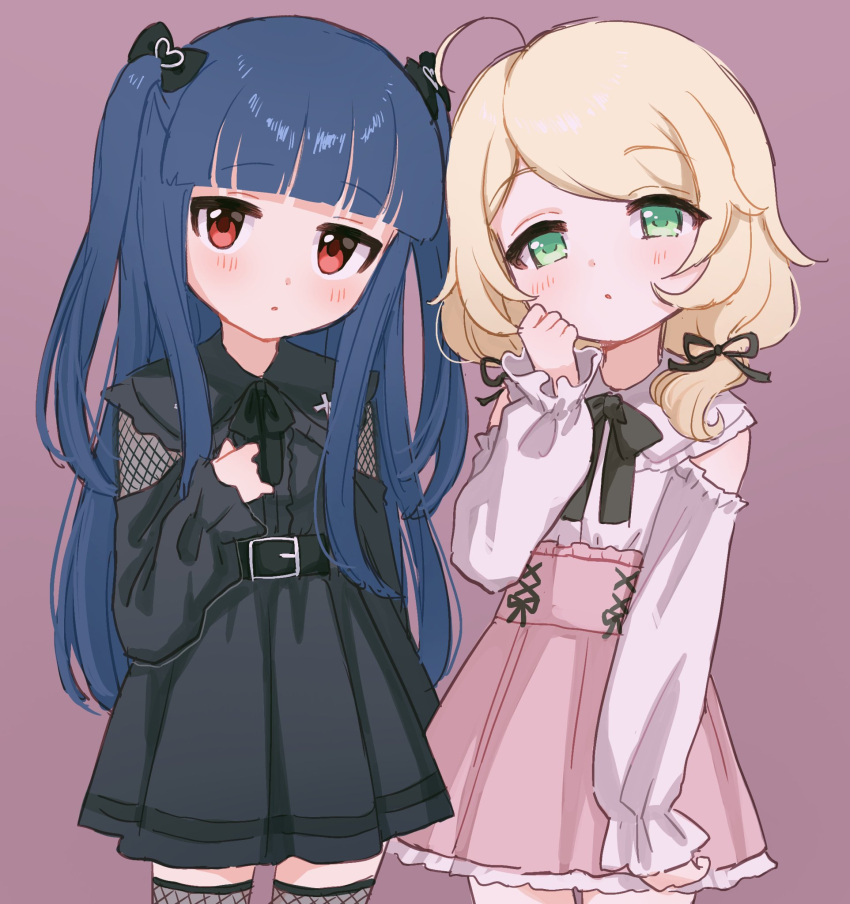 2girls, ahoge, belt, black_bow, black_dress, black_ribbon, blonde_hair, blue_hair
