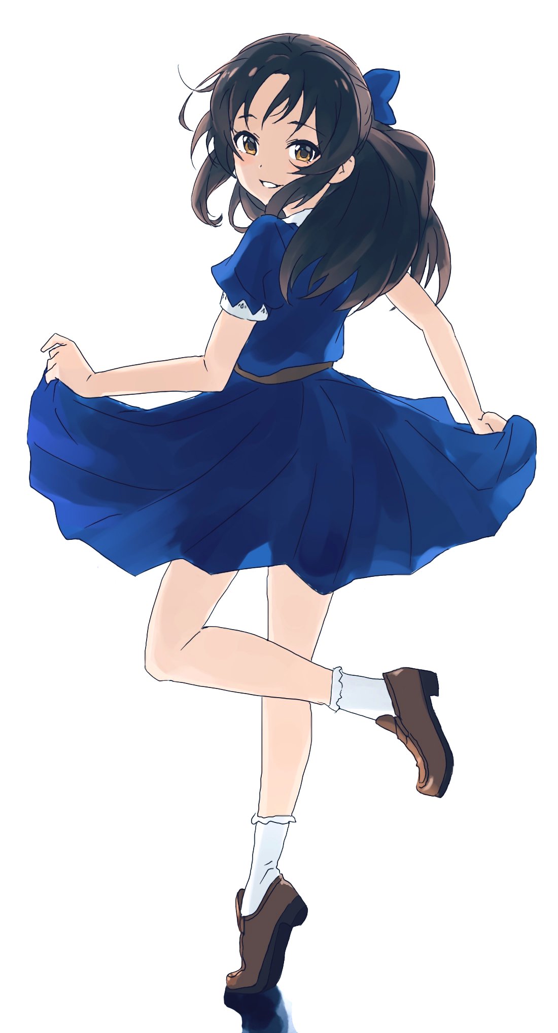 1girl, black_hair, blue_bow, blue_dress, blush, bow, brown_eyes, brown_footwear