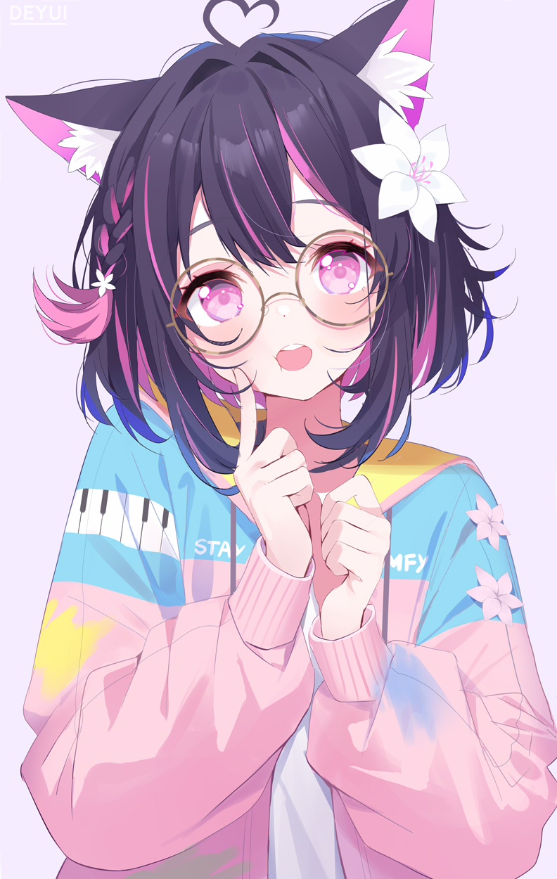 1girl, ahoge, animal_ear_fluff, animal_ears, black_hair, braid, commentary, deyui
