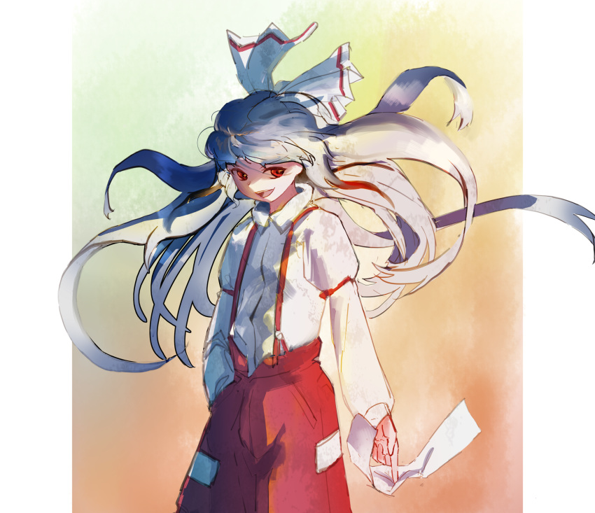 1girl, acor, baggy_pants, bow, collared_shirt, flat_chest, fujiwara_no_mokou, hair_bow