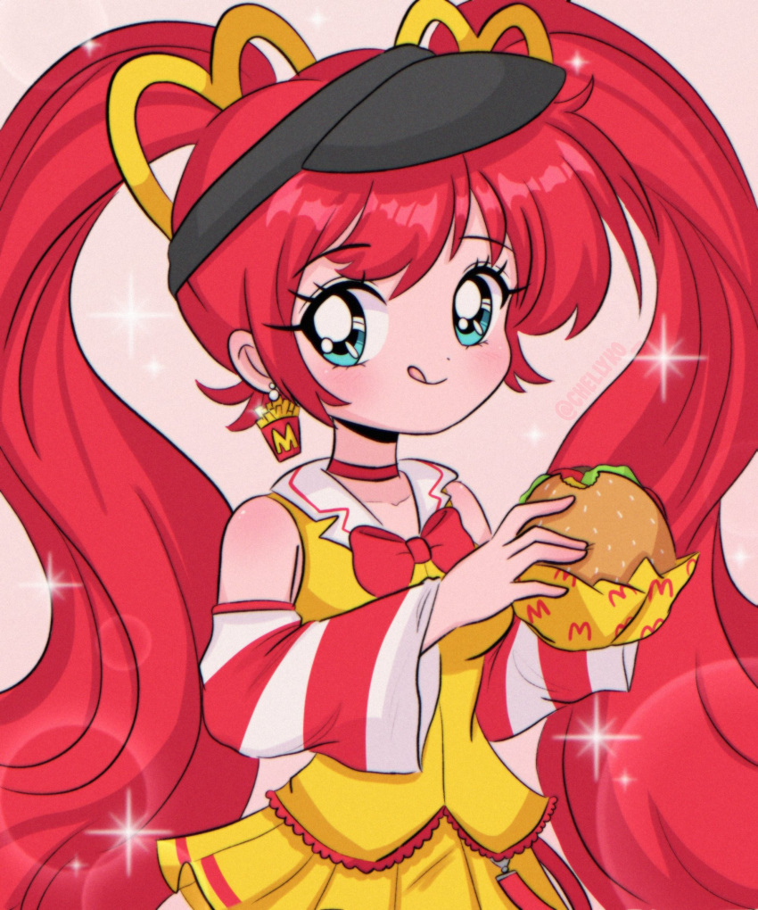 1990s_(style), 1girl, absurdres, black_headwear, blue_eyes, blush, bow, bowtie, burger, chelly_(chellyko), choker, detached_sleeves, earrings, food, hair_ornament, hat, hatsune_miku, highres, holding, holding_food, jewelry, licking_lips, long_hair, long_sleeves, looking_at_viewer, mcdonald's, red_bow, red_bowtie, red_choker, redhead, retro_artstyle, shirt, short_sleeves, skirt, smile, solo, sparkle, standing, tongue, tongue_out, twintails, very_long_hair, visor_cap, vocaloid, yellow_shirt, yellow_skirt