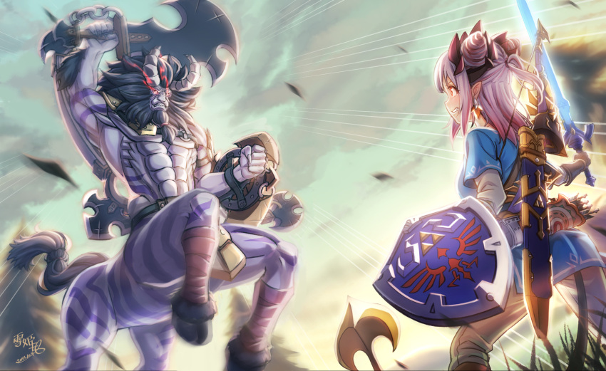 1boy, 1girl, battle, calzooone, clenched_teeth, cone_hair_bun, cosplay, demon_tail