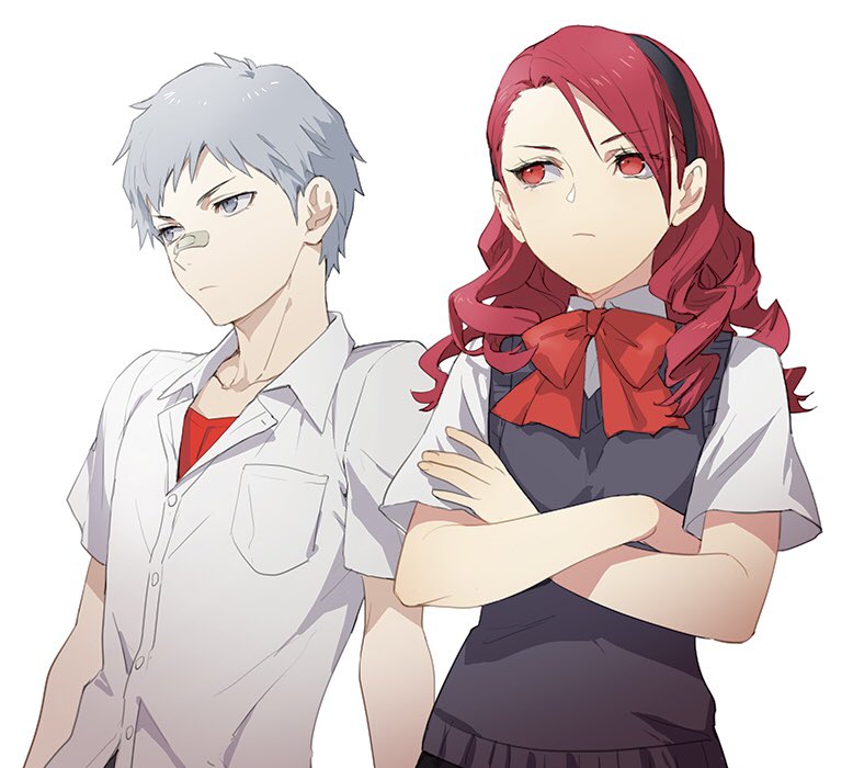 1boy, 1girl, aged_down, bandaid, bandaid_on_face, bandaid_on_nose, black_hairband, black_sweater_vest