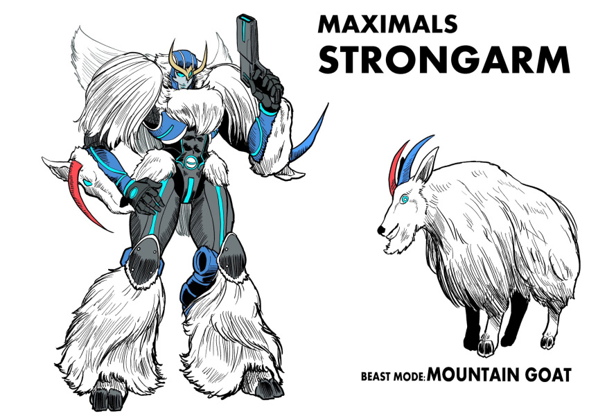1girl, abs, beast_wars, blue_eyes, character_name, goat, gun, hand_on_own_thigh