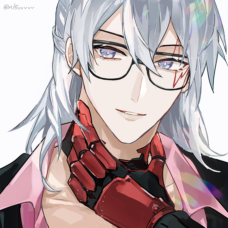 1boy, artist_name, black-framed_eyewear, black_jacket, collarbone, collared_shirt, commentary, english_commentary