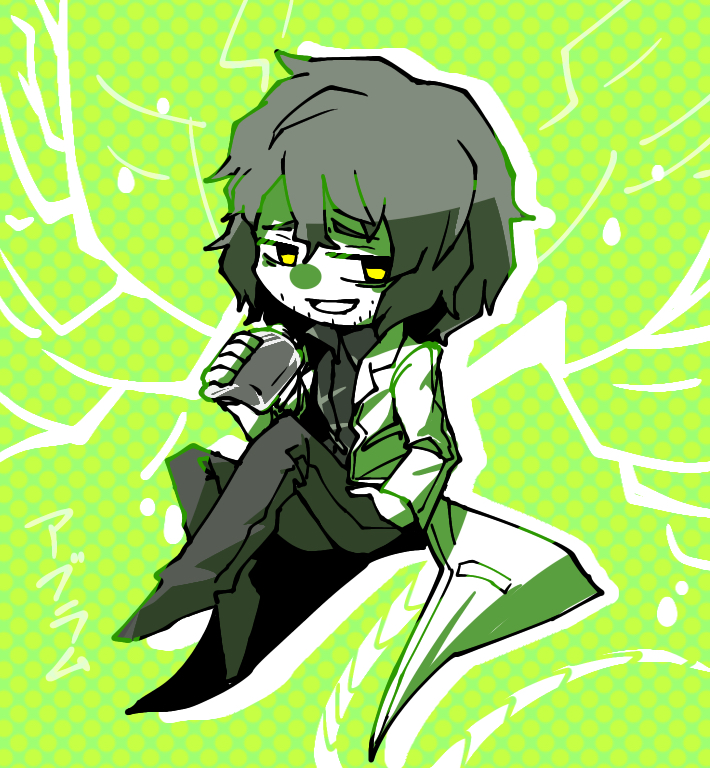 abram_(project_moon), collared_shirt, colored_skin, commentary_request, facial_hair, grey_hair, grey_pants, grey_shirt, hand_in_pocket, invisible_chair, lab_coat, lobotomy_corporation, long_sleeves, pants, project_moon, shirt, short_hair, sitting, smile, stubble, tsuru_no_rere, white_skin, yellow_eyes