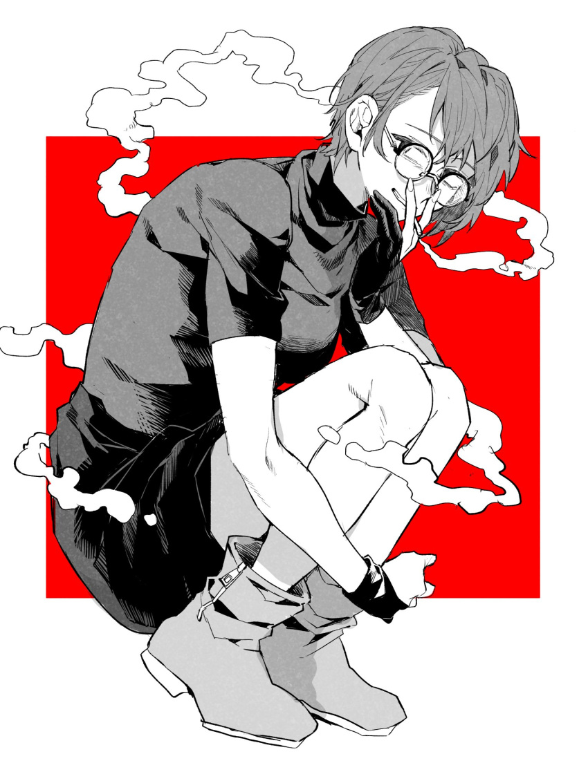 1girl, boots, cigarette, funa2001, glasses, highres, holding, holding_cigarette