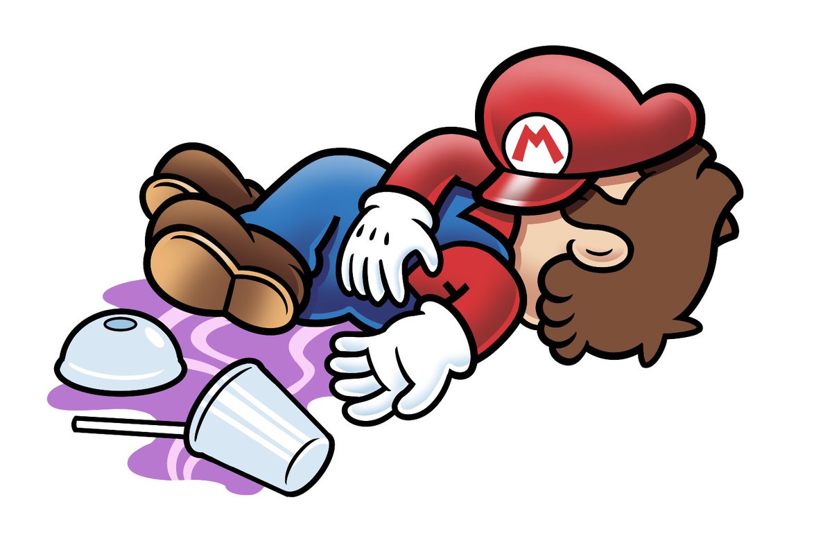 1boy, blue_overalls, brown_footwear, brown_hair, commentary, cup, disposable_cup, doc_shoddy, drinking_straw, english_commentary, family_guy_death_pose_(meme), full_body, gloves, grimace_shake_(meme), hat, headwear_removed, lid, long_sleeves, lying, male_focus, mario, meme, overalls, purple_liquid, red_headwear, red_shirt, shirt, shoes, short_hair, simple_background, solo, spill, super_mario_bros., white_background, white_gloves