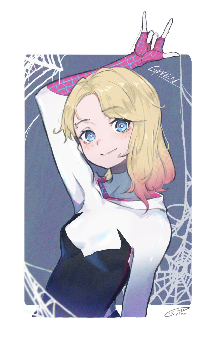 1girl, \m/, absurdres, animification, black_bodysuit, blonde_hair, blue_eyes, bodysuit