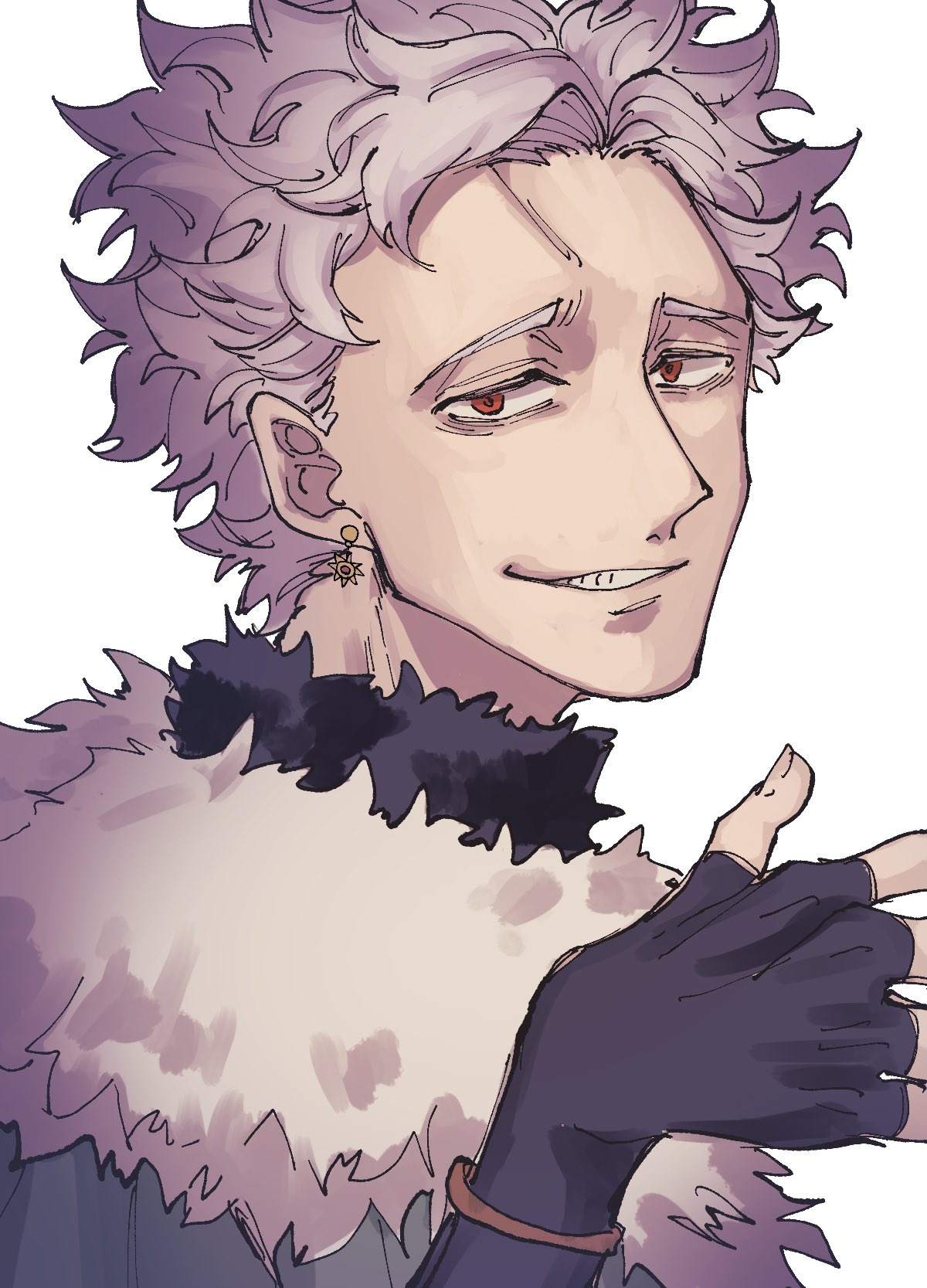 1boy, black_clover, earrings, fingerless_gloves, fur_trim, gloves, grey_hair, highres