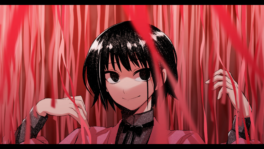 1other, black_eyes, black_hair, black_ribbon, black_shirt, catt_(wonder_lab), closed_mouth, commentary_request