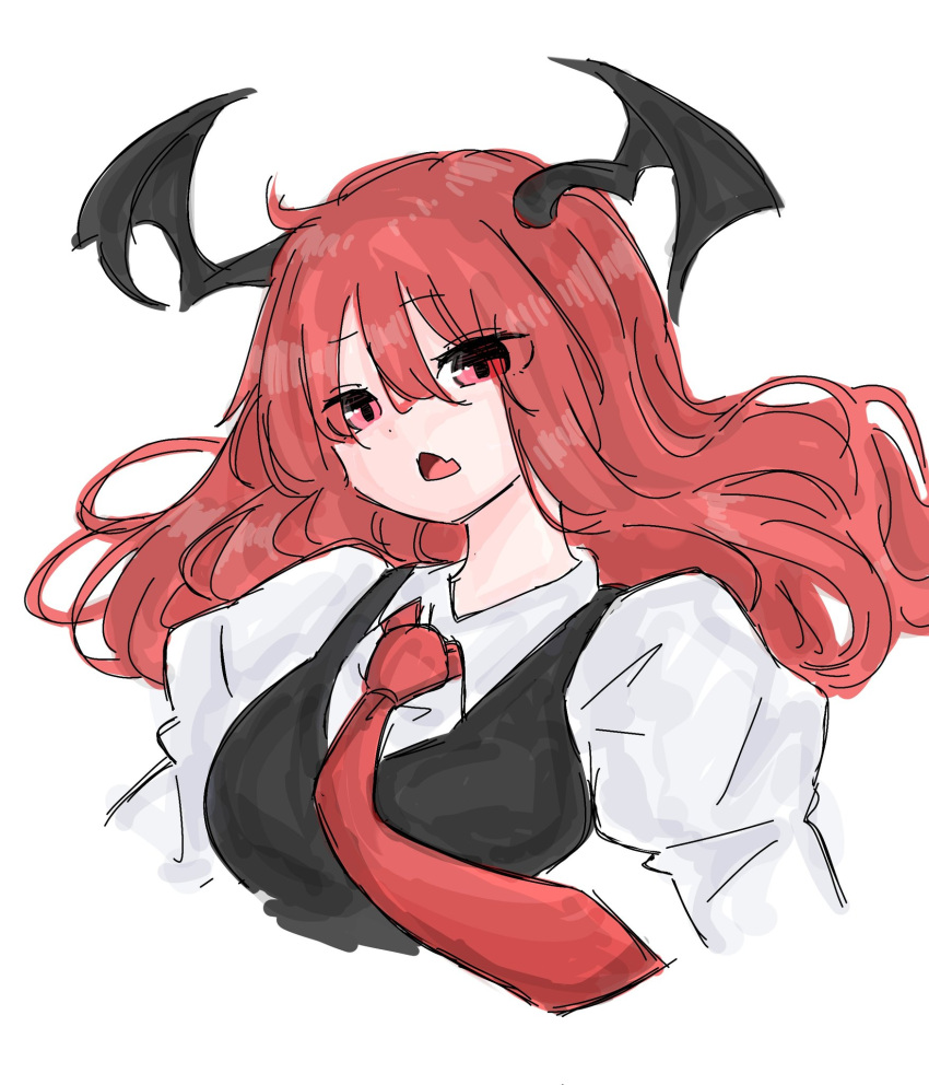 1girl, bat_wings, black_vest, breasts, commentary_request, cropped_torso, eyes_visible_through_hair, fang