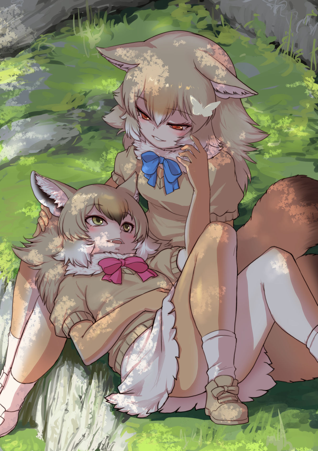 2girls, african_golden_wolf_(kemono_friends), animal_ears, black_hair, blonde_hair, blue_bow, blue_bowtie, blush