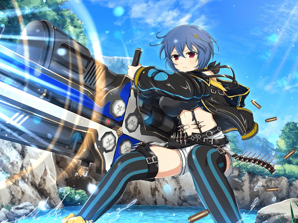 amane_(senran_kagura), bandolier, belt, belt_buckle, black_belt, black_jacket, blue_hair, blue_sky