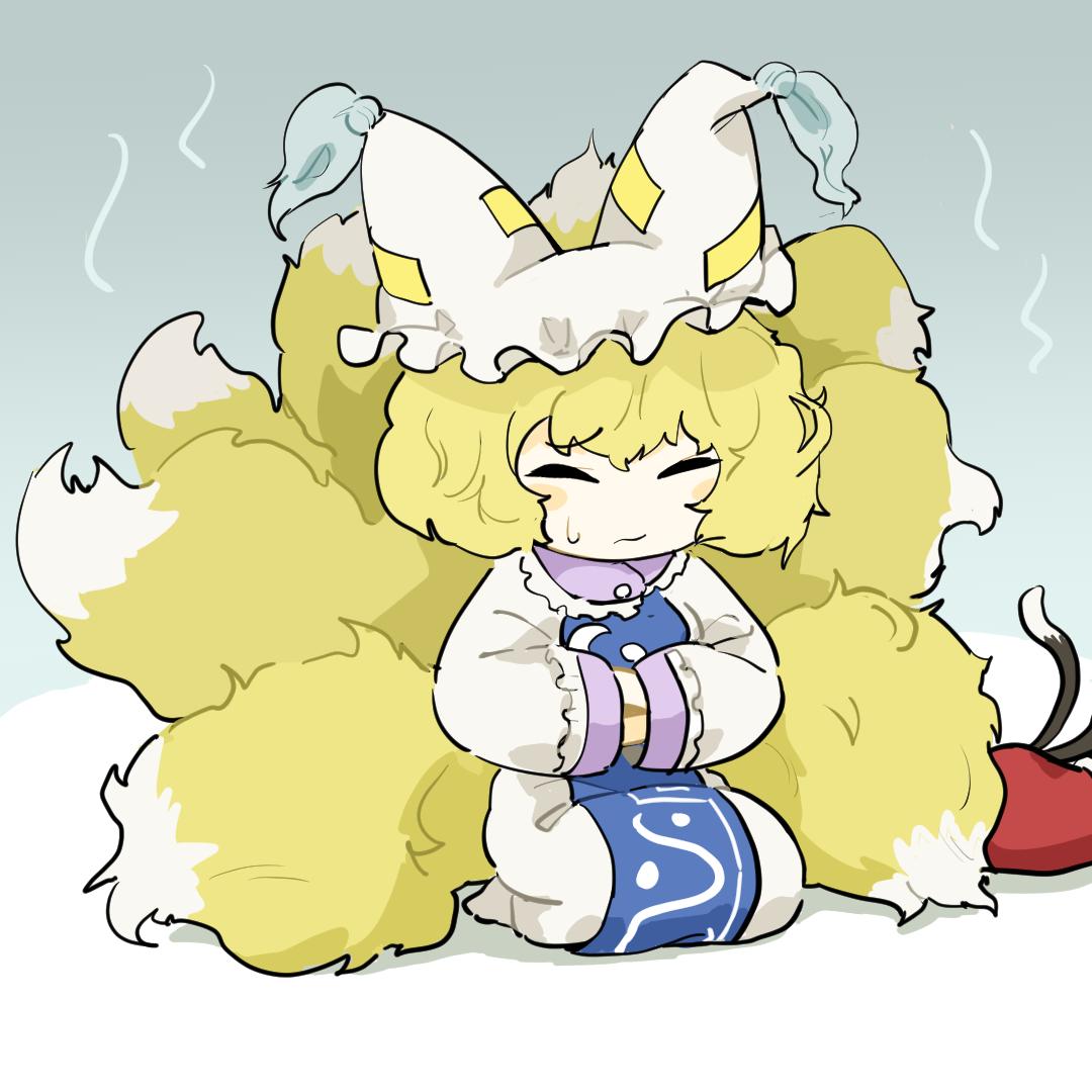 2girls, :s, animal_ears, ass, blonde_hair, blush_stickers, cat_tail, chen