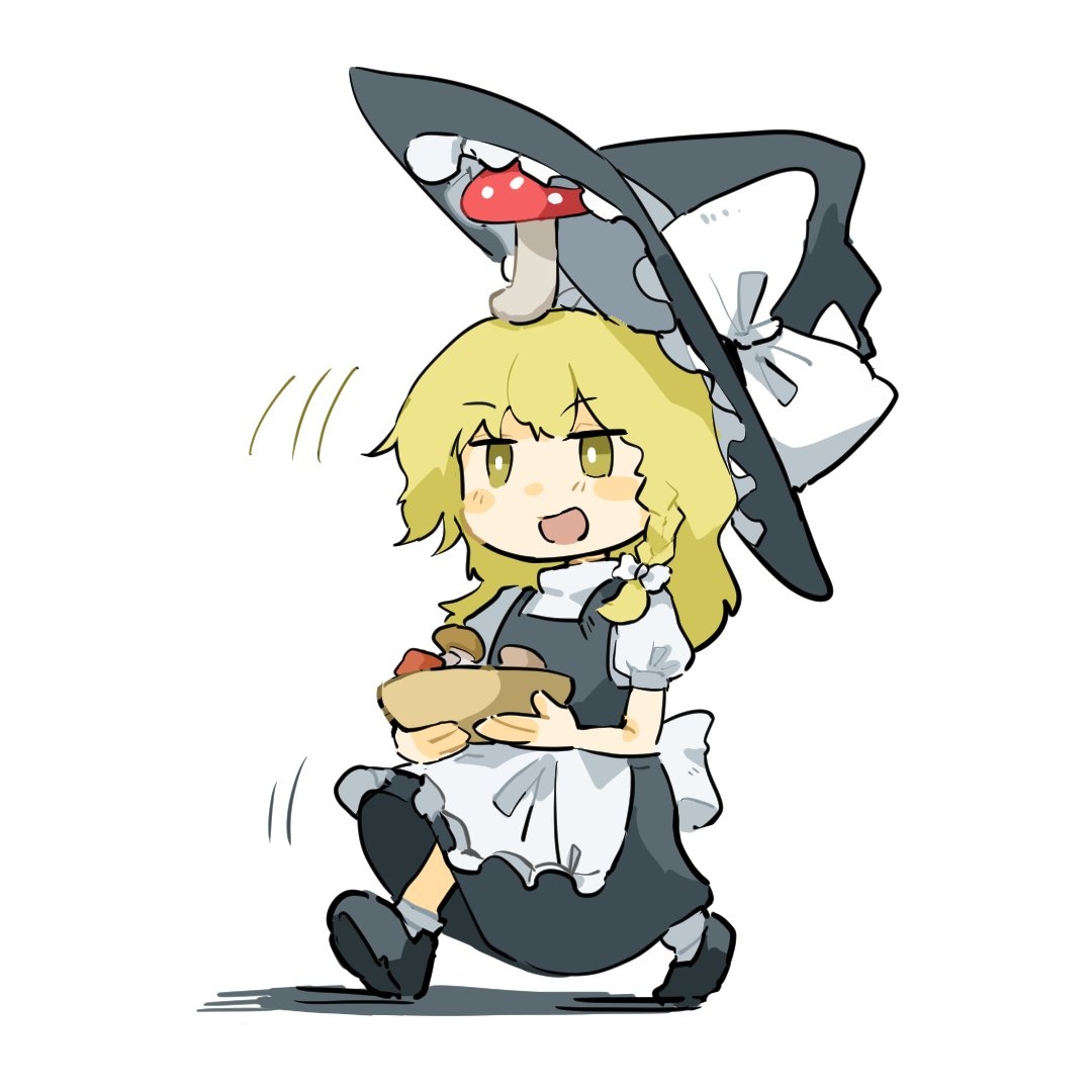 1girl, :d, apron, black_dress, blonde_hair, blush_stickers, braid, bright_pupils, chibi, commentary_request, dress, full_body, hair_ribbon, hat, holding, kirisame_marisa, long_hair, looking_ahead, mushroom, open_mouth, ribbon, shadow, simple_background, smile, solo, touhou, tress_ribbon, waist_apron, walking, white_background, witch_hat, yanotsuki18, yellow_eyes