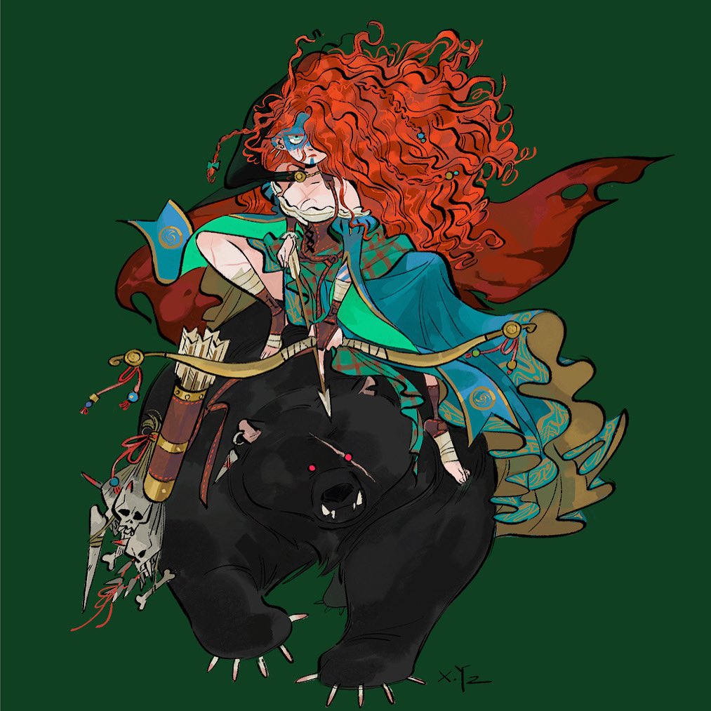 1girl, arrow_(projectile), bear, blue_eyes, bow_(weapon), braid, brave_(pixar), curly_hair