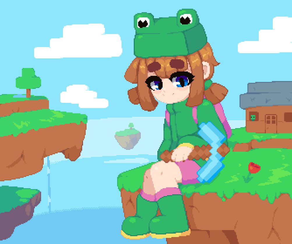 1girl, animal_costume, backpack, bag, blue_eyes, boots, brown_hair, clouds