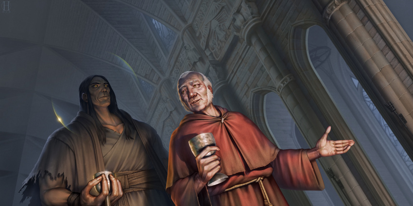 2boys, absurdres, architecture, black_hair, cathedral, chalice, church, drink