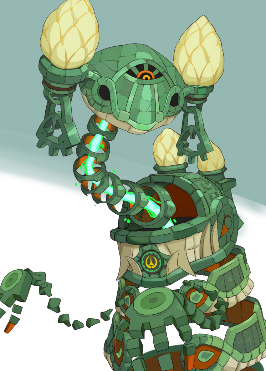 absurdres, blue_background, commentary_request, construct_(zelda), flowers-imh, hands_up, highres, korean_commentary, looking_to_the_side, no_humans, one-eyed, orange_eyes, robot, simple_background, solo, the_legend_of_zelda, the_legend_of_zelda:_tears_of_the_kingdom, two-tone_background