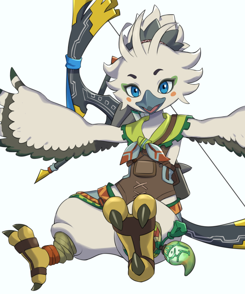 1boy, absurdres, animal_feet, ankleband, arms_up, bandana, beak, bird_boy