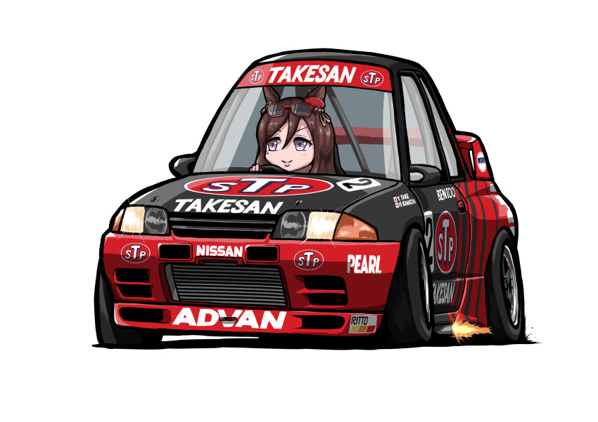 1girl, absurdres, animal_ears, brown_hair, car, chibi, driving, fire