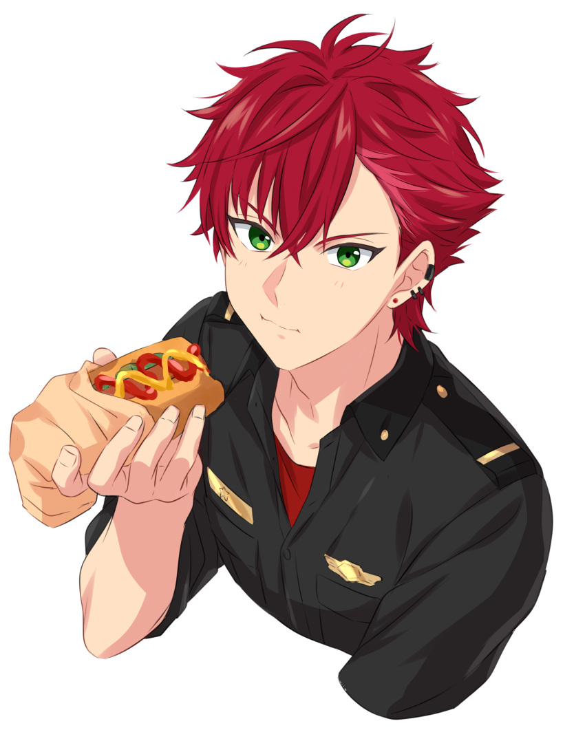 1boy, absurdres, closed_mouth, collared_shirt, commentary_request, ear_piercing, earrings, fingernails