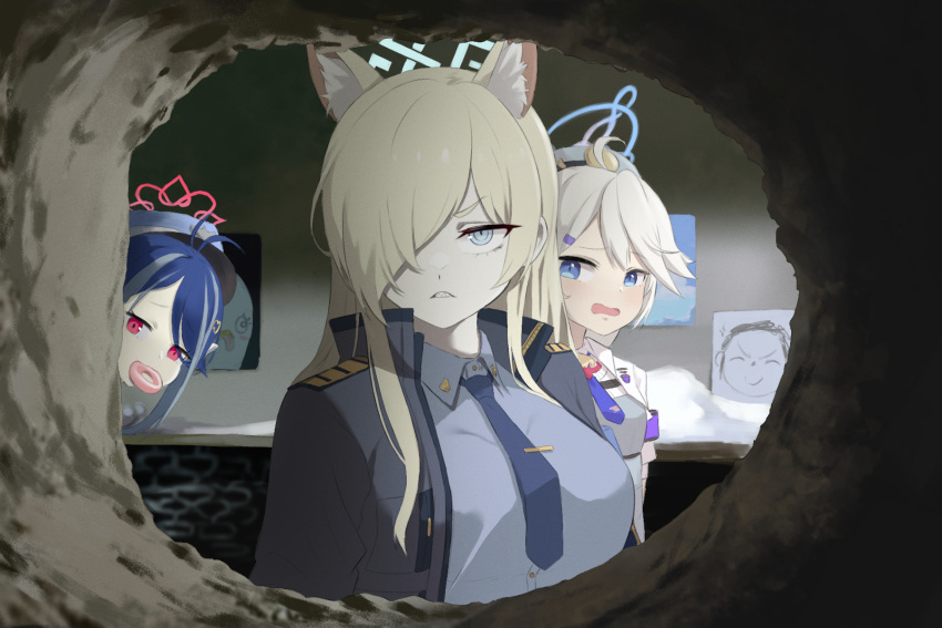 3girls, animal_ear_fluff, animal_ears, antenna_hair, arona's_sensei_doodle_(blue_archive), blonde_hair, blue_archive, blue_eyes