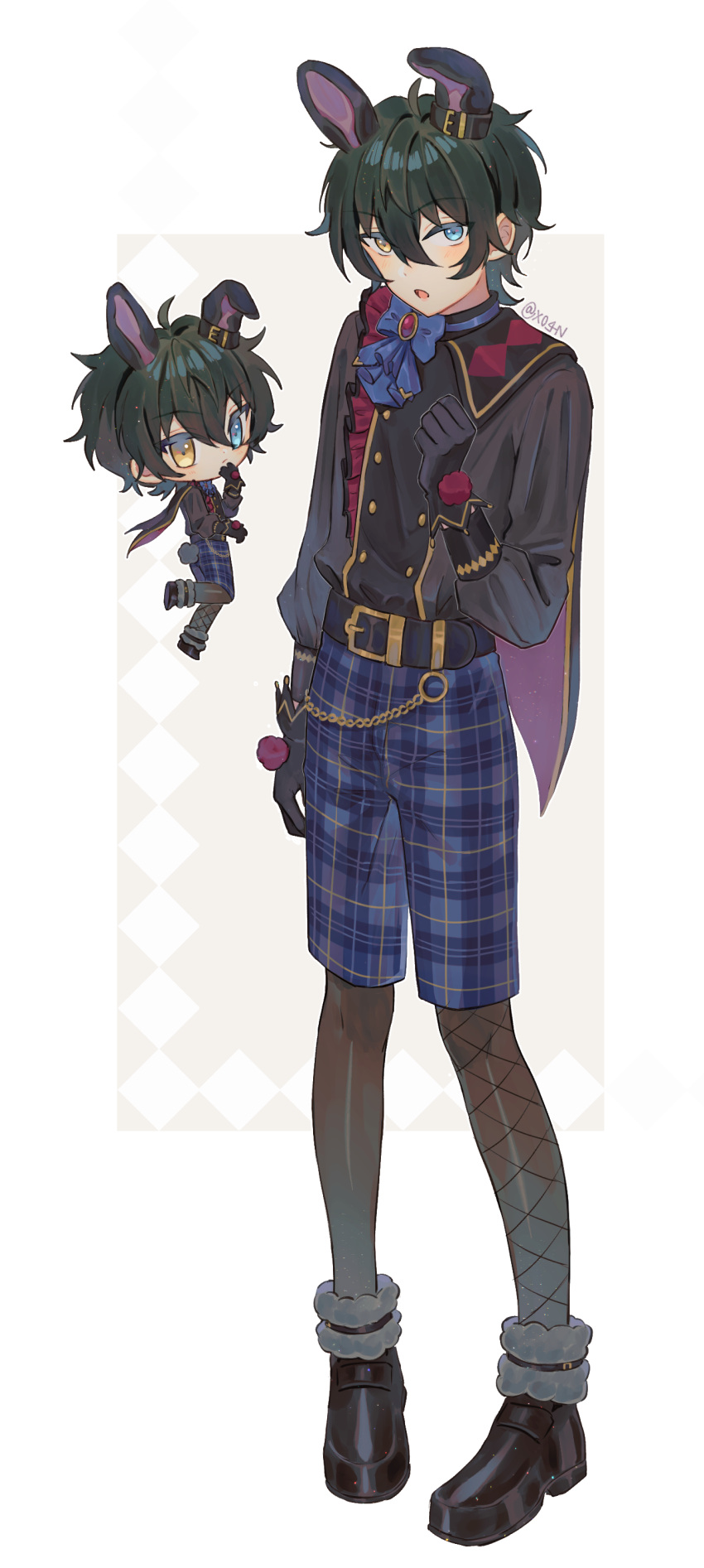 1boy, absurdres, animal_ears, arm_at_side, belt, black_belt, black_bunny_(ensemble_stars!), black_footwear, black_gloves, blue_eyes, blue_ribbon, buttons, chibi, clenched_teeth, closed_mouth, commentary, ensemble_stars!, full_body, gloves, green_hair, hair_between_eyes, heterochromia, highres, kagehira_mika, looking_at_viewer, open_mouth, plaid, plaid_shorts, rabbit_ears, ribbon, shorts, standing, standing_on_one_leg, teeth, twitter_username, x0_4n, yellow_eyes