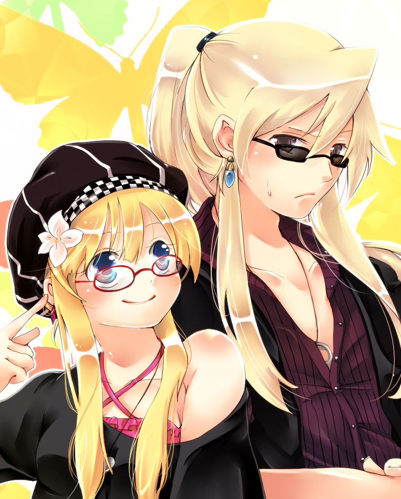 bare_shoulders, blonde_hair, blue_eyes, brown_eyes, contemporary, earrings, flower, glasses