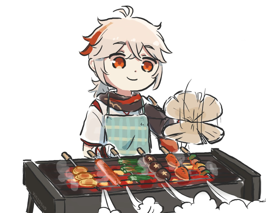 1boy, ahoge, apron, artist_name, chibi, chicken-mushroom_skewer_(genshin_impact), commentary, cooking