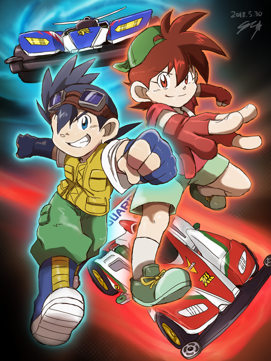 2boys, backwards_hat, bakusou_kyoudai_let's_&amp;_go!!, black_hair, blue_eyes, blue_footwear, blue_gloves, brothers